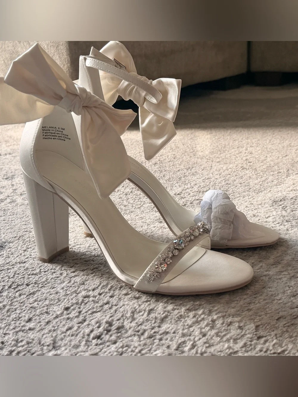 Oleg Cassini Melania Ivory Satin Bow Block Heel Sandals NWT
